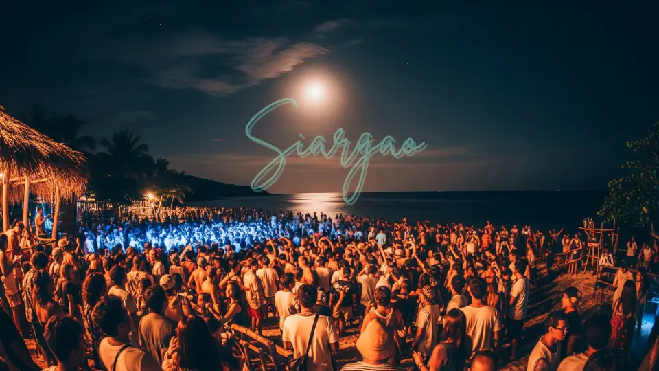 Nightlife scene in General Luna, Siargao - bars and music venues lit up at night